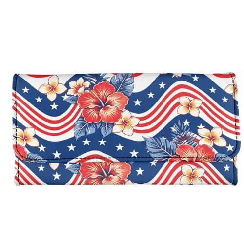 Image of AFPANQZ Womens Leather Wallets Large Capacity Card Holder Zipper Travel Purse, American Stripe Flower Phone Holder Coin Zip Pocket Multi Cards