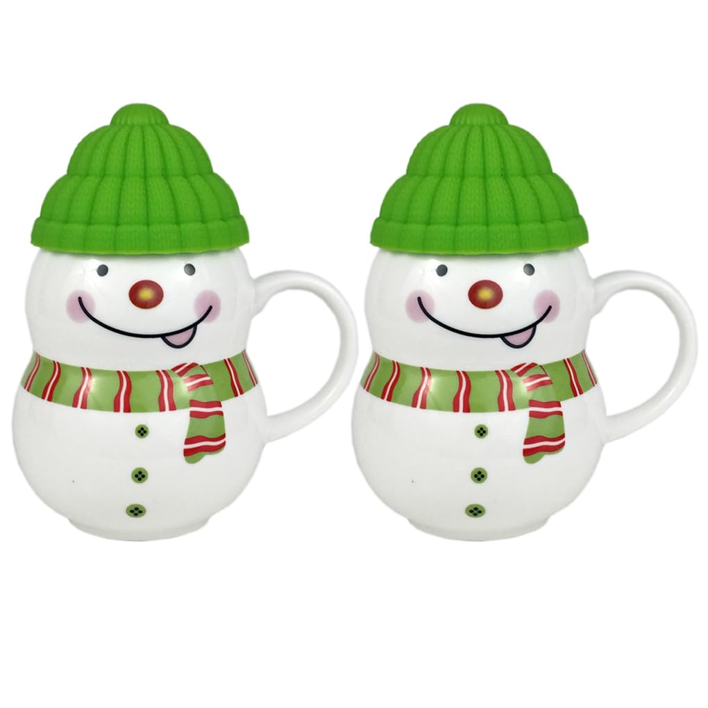 Christmas Cup Snowman Ceramic Coffee Mug with Lid Hot Cold Drink Festive Ornament Tableware Teacup (2X Green)