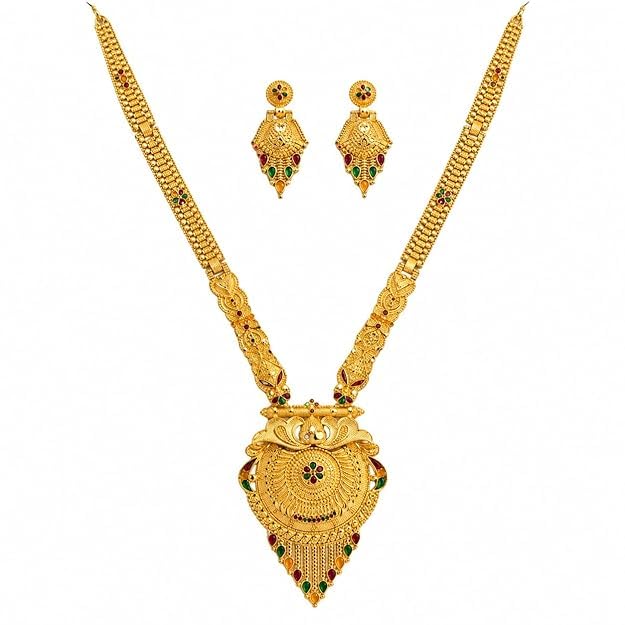 Image of Golden Long Necklace Set for Women | Brass Gold Plated Minimal Har | Adjustable Traditional Jewellery | Meenakari Marriage Wedding Necklace Set