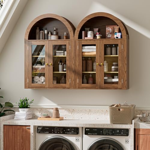 Image of BREEZEHEAT Bathroom Medicine Cabinet Wall Mount-Over The Toilet Storage Cabinet-Arched Wall Cabinet with Glass Doors & Adjustable Shelves, Wood Cabinet for Laundry Room, Kitchen, Living Room, Walnut