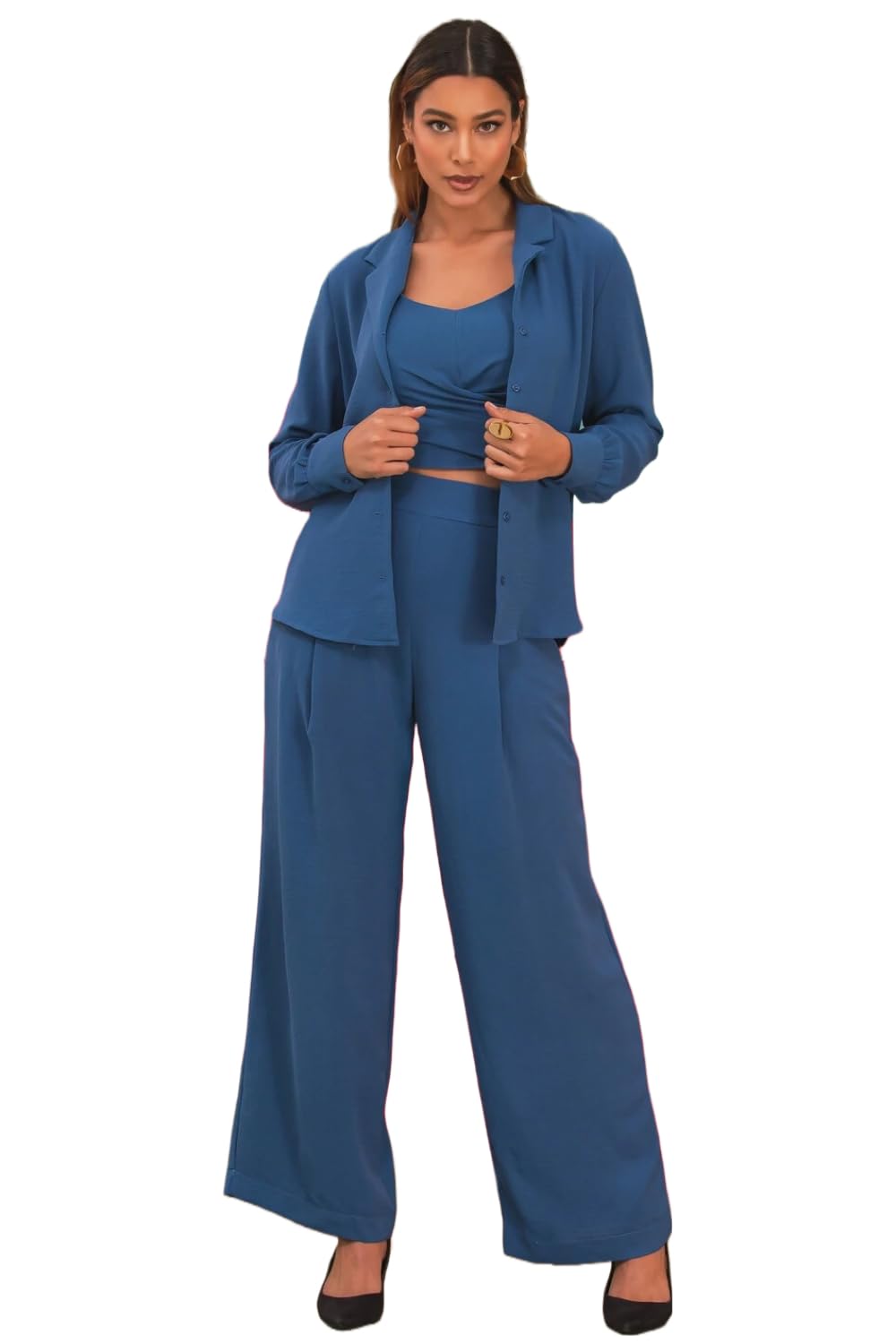 elendra jeans Elendra Co-ord Set for Women – Stylish Casual 3 Piece Blazer Set || Classic Collar Full Sleeve Blazer with Crop Top & Pant-picture-21