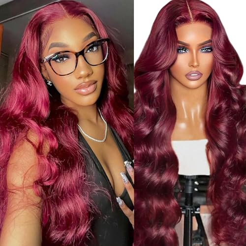 Image of JTMMP 18 Inch 99J Burgundy Lace Front Wigs Human Hair 13x6 Body Wave Lace Front Wigs Human Hair Pre Plucked 99j Burgundy Red Wine Glueless Wigs for Women