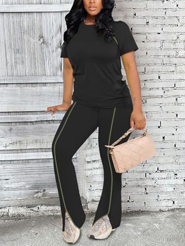 Image of STOLKISS Women 2 Piece Outfits Summer Workout Sweatsuit Striped Short Sleeve Long Flare Pants Casual Travel Tracksuit