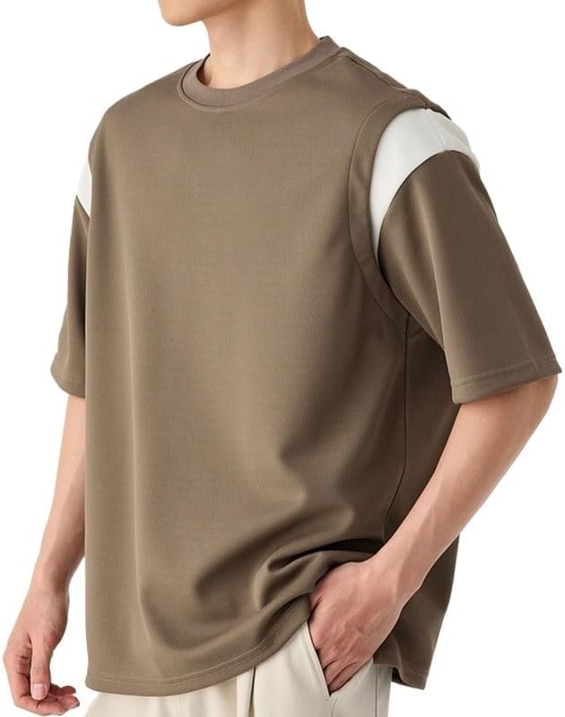 Men's Fashion Splicing T-Shirt Loose Polyester Round Neck Short Sleeves Breathable Sports Comfortable Vest