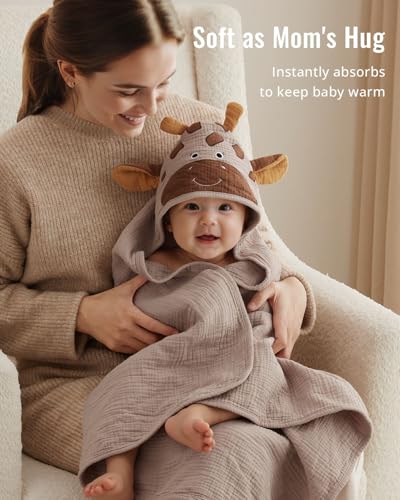 Image of Blissful Diary Muslin Baby Hooded Towel 2 Pack, Soft & Absorbent Bath Towel for Infant, Toddler, Unisex, Baby Gift, Newborn Essentials, Bear & Giraffe