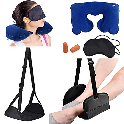 Geenber Reposapiés de Espuma viscoelástica para Viajes con Almohada de Viaje Inflable, máscara para Dormir los Ojos, Tapones para los oídos, Accesorios de Viaje avión, Tren, Oficina, Entrenador
