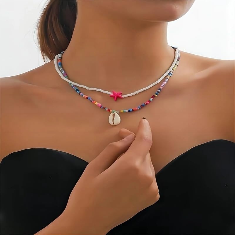 Colorful Beaded Choker Necklace for Women Bohemian Starfish Turtle Shell Layered Necklace Handmade Adjustable Colorful Rice Beads Charm Choker Necklace Boho Beach Summer Ocean Hawaii Jewelry - Image 2