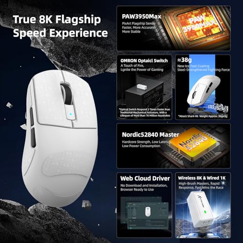 Image of ATTACK SHARK R6 Wireless Gaming Mouse,38G Ultra-Lightweight Trip-Mode 2.4G /USB-C /Bluetooth Mouse Gaming with PAW3950MAX Sensor,42000 DPI,50G Accelerated Speed for PC /Laptop /MacWhit&Tape