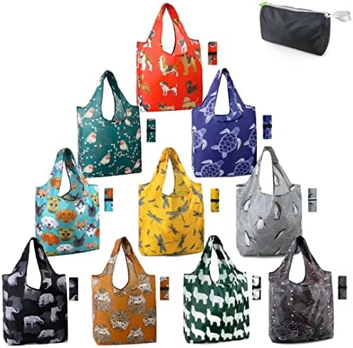 BeeGreen Fun Animal Reusable Shopping Bags Foldable Grocery Totes 10 Pack with Zipper Carry Pouch Cute Shopper Bags XLarge Machine Washable Durable Compact Bags for Groceries