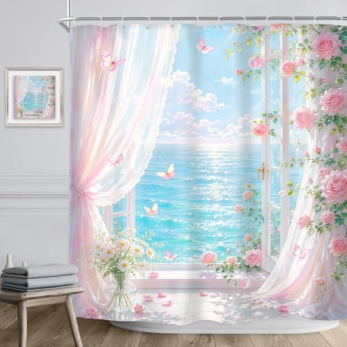 Image of Riyidecor Pink Ocean Floral Shower Curtain 72Wx72H Inch Coastal Beach Scenery Summer Roses Botanical Butterfly Beachside View Aesthetic Girls Bathroom Decor Fabric Polyester Waterproof 12 Pack Hooks