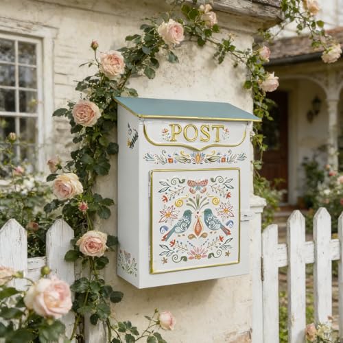 Image of Mailbox Wall Mount Mailboxes for Outside Vintage Mail Boxes for House Outside Metal Drop Box Antique Style Nostalgic Charm Home Decorative, Flower Pattern