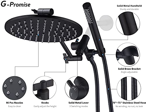 Image of G-promise All Metal Dual Shower Head Combo | 8 inch Rainfall Shower Head, Handheld Shower Wand | Smooth 3-way Diverter | with Adjustable Extender - An Upgrade of Shower Experience (Matte Black)