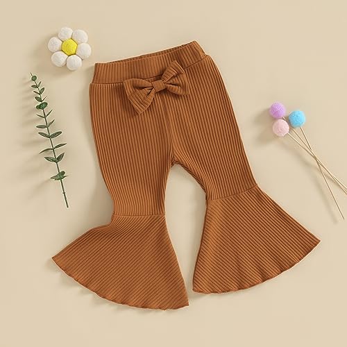 Kids Little Girls Flare Pants Solid Color Ribbed Elastic Bell Bottoms Trousers Bow Ruffle Pants Infant Toddler Girl3