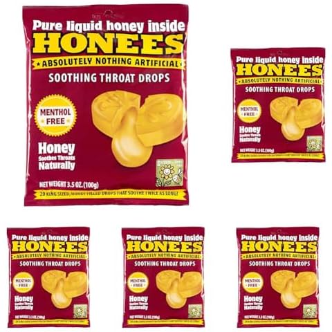 Honees Honey Filled Cough Drops - 20-Piece Single Pack Menthol-Free Lozenges | Temporary Relief from Cough | Soothes Sore Throat | All Natural (Pack of 5) Cover