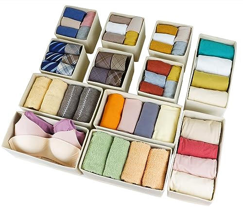 Image of Fordonral Set of 12 Drawer Organizer, Fabric Closet Organizer and Storage Baskets,Foldable Drawer Divider for Clothing,Sock,Ties,Underwear Drawer Organizers,Set of Cabinet Storage Boxes (Beige)