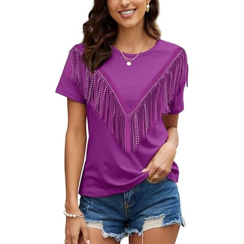 PESION Women's Fringe Trim Shirts Short Sleeve Tassel Trim Blouse T-Shirt Tops