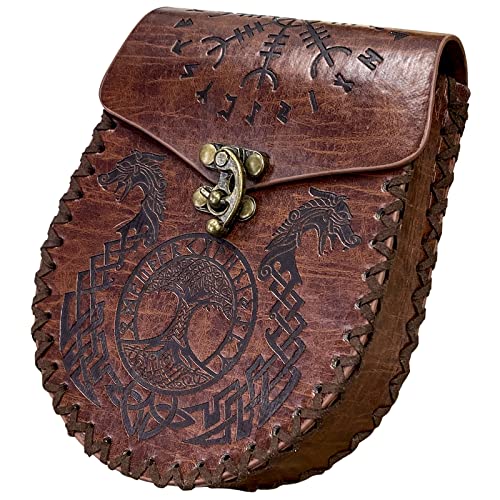HiiFeuer Middeleeuwse Faux Lederen Trekkoord Pouch, Nordic Retro Draagbare Portemonnee, Vintage Riemzakje Dobbeltas Voor LARP Ren Maken, Bruin A, Eén maat