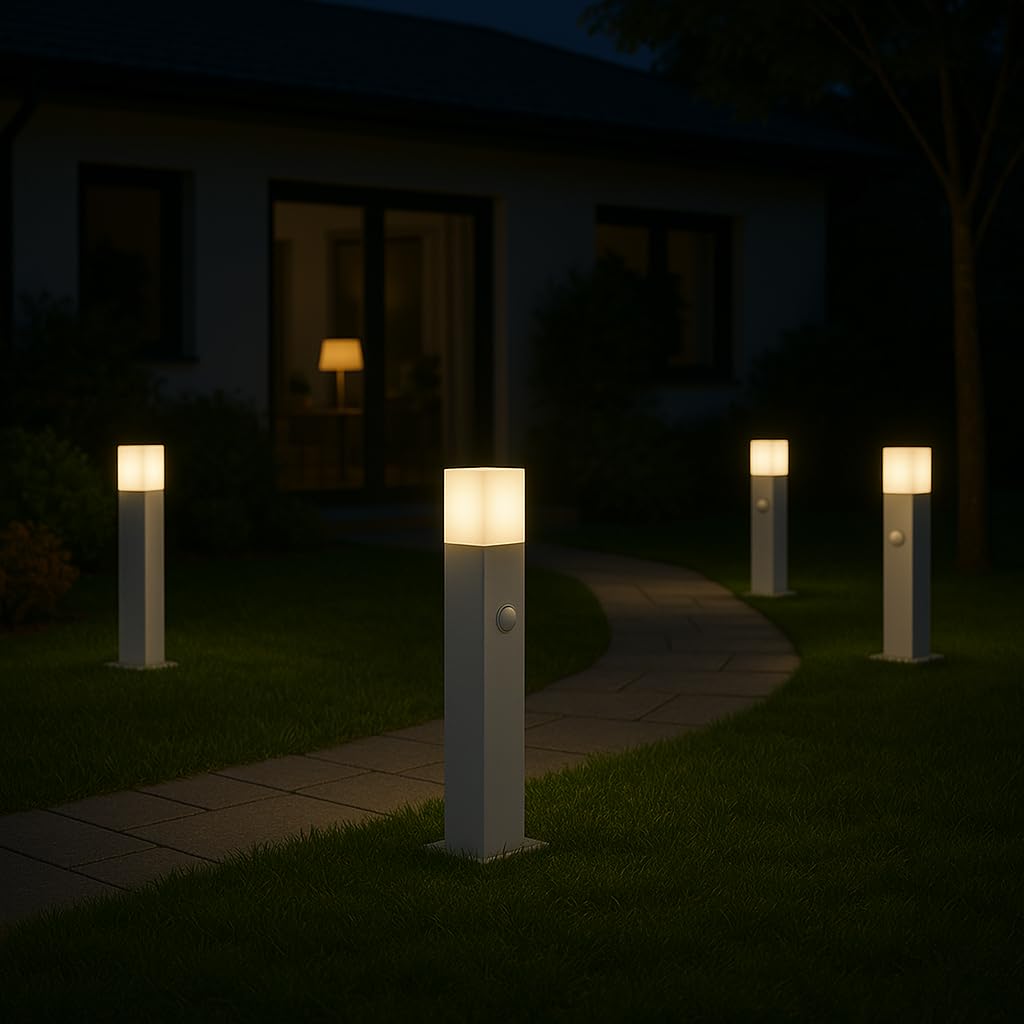 Paletto luminoso Bianco da giardino con sensore di movimento, attacco E27 12W 1160 lm, Luce Naturale 4000K, IP44, alluminio e diffusore acrilico, lampione per esterni (Bianco - Luce Naturale 4000K)