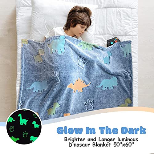 Image of Glow in The Dark Blanket Gifts for Toddler Kids Teen Girls| 80 x 70 inch / 200cm x 180cm |Bedroom Decor, Lightweight Throw Blankets|Soft Cozy Fluffy Luminous Throw Blanket - Blue Dino