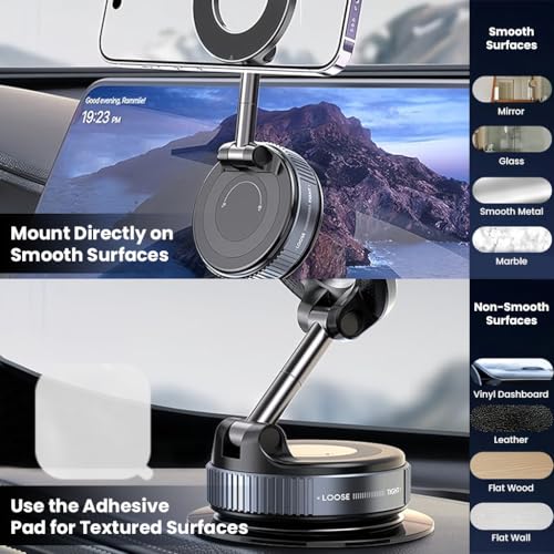 Image of Magnetic Mobile Phone Holder for Car with 360 Rotatable and Foldable Metal Cell Phone Holder, Strong Grip Vacuum Seal, Car Mount Compatible with iPhone & Android Phones
