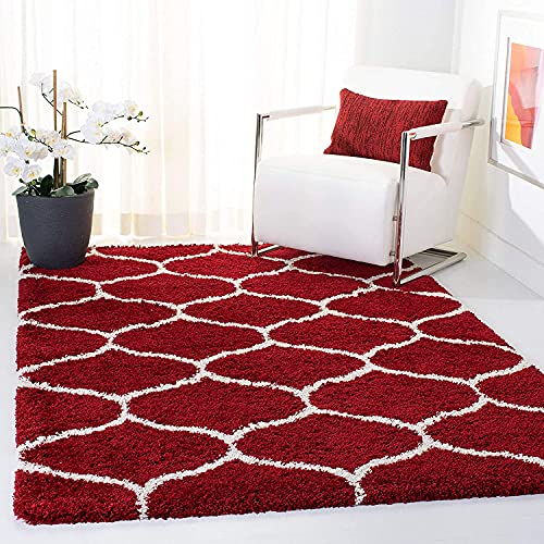 Image of Super Ultra Modern Soft Shaggy Handcrafted Anti-Skid Silk Touch Carpet, Size 12x15 Feet, Color REDD & Ivory