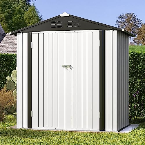 Image of Patiowell 6x4 FT Outdoor Storage Shed, Garden Tool Storage Shed with Sloping Roof and Double Lockable Door, Outdoor Shed for Garden Backyard Patio Lawn,White
