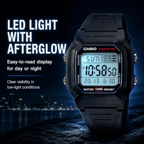 Casio W800H Series | Unisex Digital Watch | Black | 100 Meter Water Resistance | LED Backlight | 1/100 SEC Stopwatch | Dual Time | Multi-Function Alarm | Full Auto Calendar | 10 Year Battery - image 4