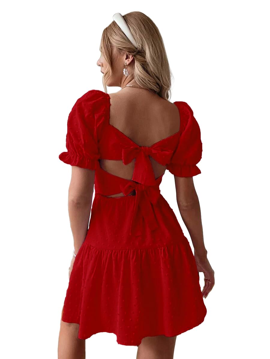 Photo 1 of Narecte Summer Dresses for Women 2026,Tie Backless Swiss Dot Mini Dress,Ruffle Hem Flowy Casual Dresses Red M