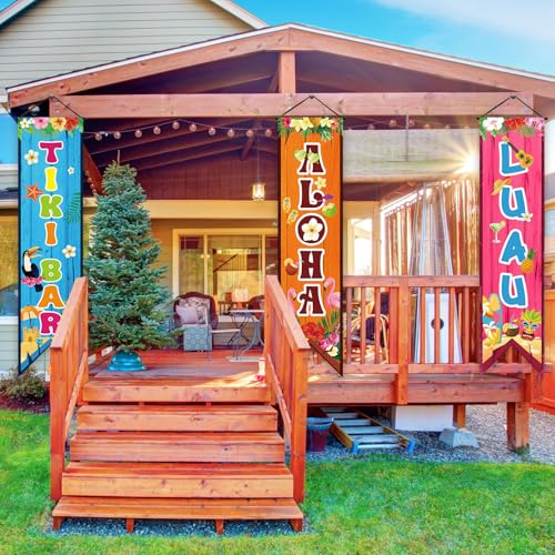 Image of Chiisong 3 Pcs Hawaiian Banners Aloha Luau Porch Sign Tiki Bar Hanging Flag Tropical Welcome Sign Summer Beach Pool Party Decorations Photo Props Backdrop for Outdoor Door Wall Yard Birthday Camping