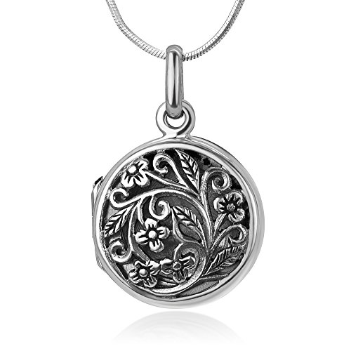 Chuvora 925 Oxidized Sterling Silver Open Filigree Vintage Flower Vine Round Locket Pendant Necklace, 18