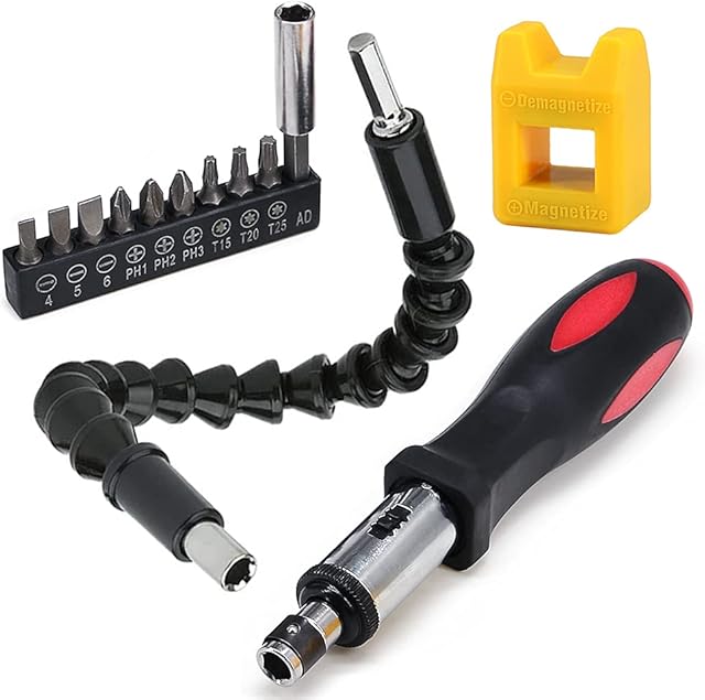 Flexible Shaft Bits Extention Screwdriver Drill Bit Holder + Screwdriver Magnetizer Demagnetizer + Magnetic Ratcheting Screwdriver Handle+ Screwdriver Head Set