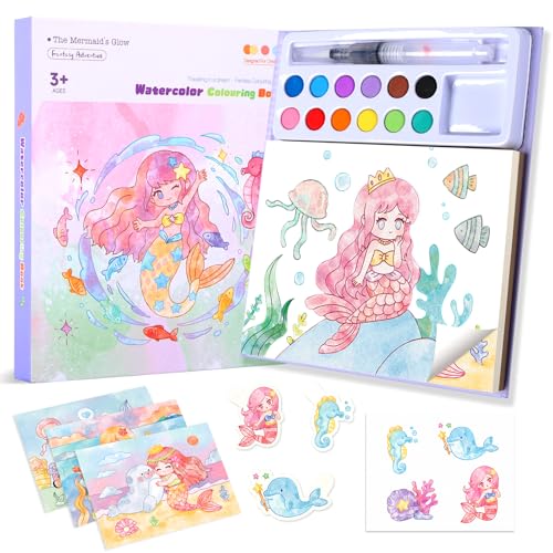 VIBINHO Libri da Colorare Bambini, Kit di Pittura 3 In 1 con 12 Colori+3 Tipi di Design Creativo+Pennello, Giocattolo Educativo Per Le Ragazze dai 3 ai 8 Anni, Regali Per Le Ragazze (Sirena)