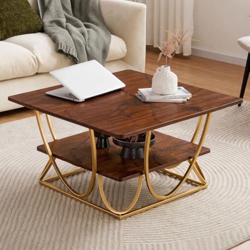 Image of EDEUEQUE Modern Center Table Coffee Table Sofa Side Table for Living Room Cocktail Table End Table with Storage Wooden Tabletop-Marble Print with Metal Frame (Golden Brown)
