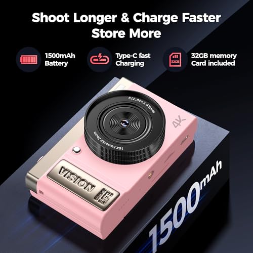 Câmera digital 4K rosa para meninas adolescentes: Câmera vlogging de 64 MP com tela flip - Zoom de 16X - Câmera compacta fofa para fotografia e YouTube - Presente estético de apontar e fotografar para - Imagem 5