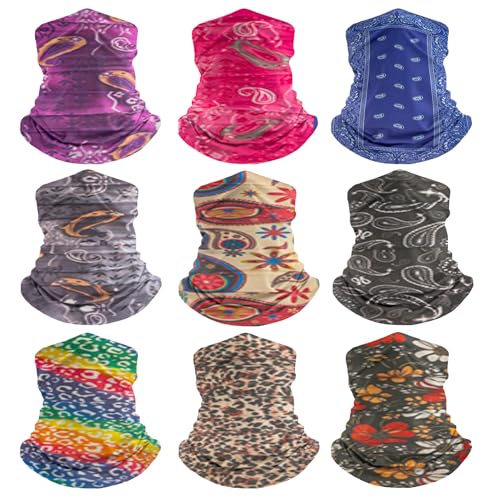 HCMY Unisex 9PCS Paisley Balaclavas Headwear Bandana Neck Gaiter Sports Tube UV Sewing Face Mask Headband Elastic Reusable Multifunctional Magic Scarf Balaclava for Women