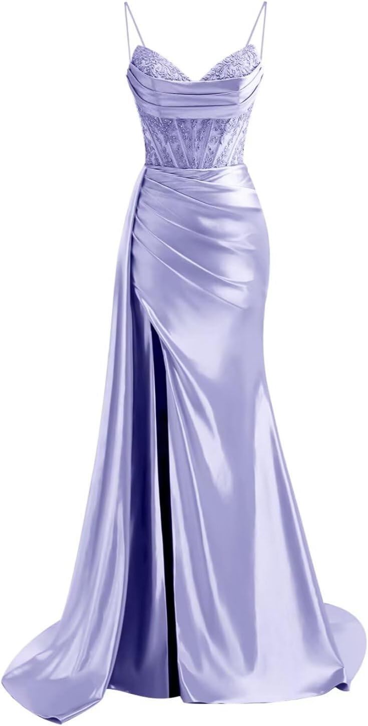 LTW Spaghetti Straps Satin Prom Dresses Mermaid Corset Evening Formal Dress Lace Ball Gown with Slit