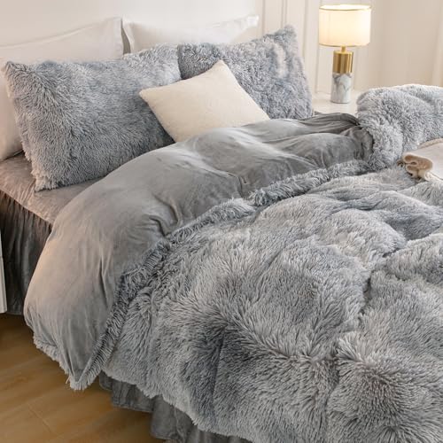Andency Faux Fur Tie-Dyed Grey White Comforter Set Full Size, 3 Pieces Fluffy Fuzzy Plush Bedding Comforter Set (1 Shaggy Velvet Comforter & 2 Pillowcases), Soft Puffy Down Comforter Bedding Set