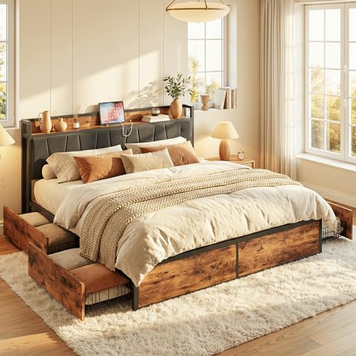 Image of LIKIMIO King Bed Frame with 4 Storage Drawers, Platform Bed with Charged Headboard, Sturdy and Stable, No Noise, No Box Spring Needed, Easy to Install, Vintage Brown and Gray