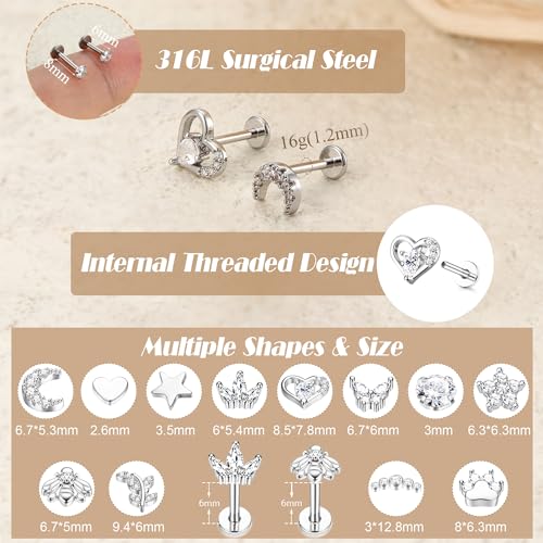 YADOCA 12Pcs Flat Back Stud Earrings Hypoallergenic Surgical Steel Stud Earrings for Women 14K Gold Filled Earrings 18G 16G Cartilage Medusa Conch Helix Tragus Piercing Jewelry 6mm 7mm 8mm 10mm Length3