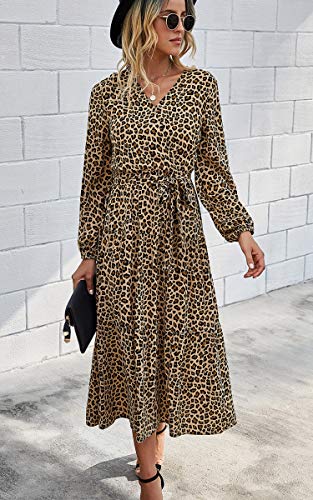 Theenkoln vestido midi feminino com estampa floral boêmio estampa de leopardo bolinhas liso gola V m