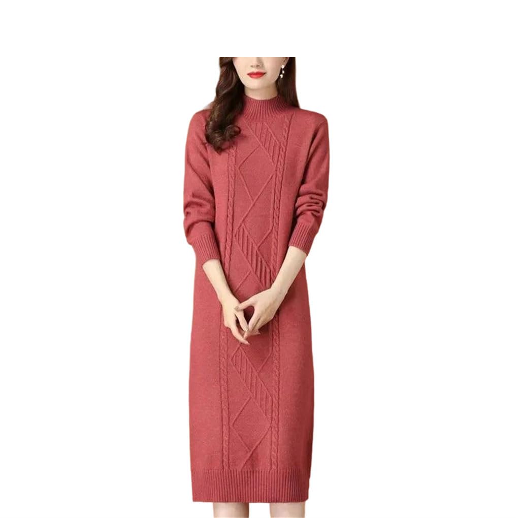 Women Woolen Sweater Dress Long Thick Warm Knitted Dress High Neck Slim Jumper