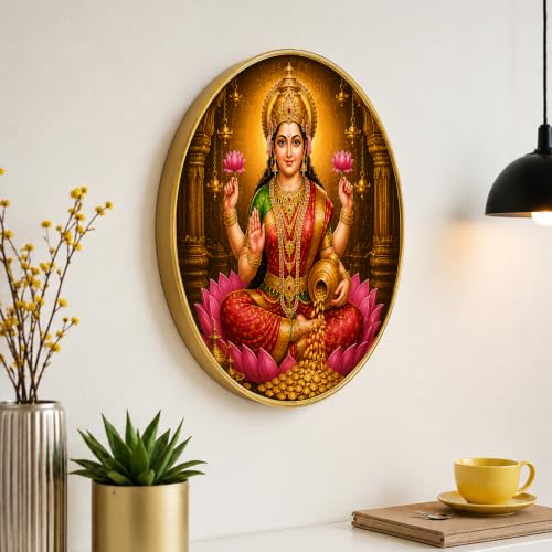 Image of PAINTINGMANTRA Goddess Lakshmi Framed Wall Art Painting For Living Room|Spiritual Maa Lakshmi Religious Poster with Round frame for Wall, Decoration item for Pooja Room, Home, 12 Inch