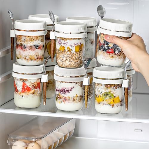 Image of LANDNEOO 4 Pack Overnight Oats Containers with Lids and Spoons, 16 oz Glass Mason Jars with Airtight Lids, Overnight Oats Jars for Milk, Cereal, Fruit-White