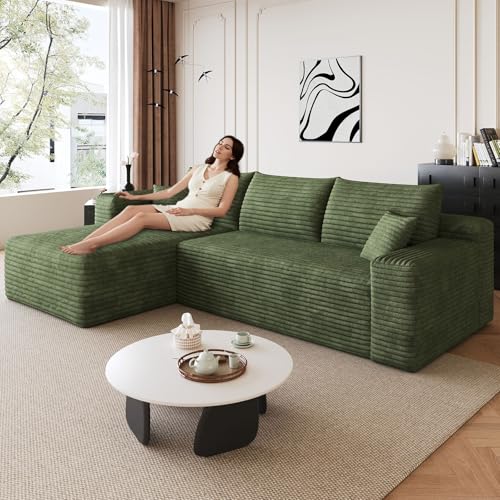 Image of 95 inch Modular Sectional Sofa, Modern Corduroy Cloud Couch with Side Pockets, Boneless Couch Upholstered 3-Seater L-Shaped Sofa for Living Room, No Assembly Required (Green,Left-Facing Chaise)