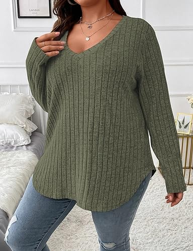 Image of Koscacy Women Plus Size Casual Knit Sweater V Neck Solid Color Tops Lightweight Long Sleeve Blouses