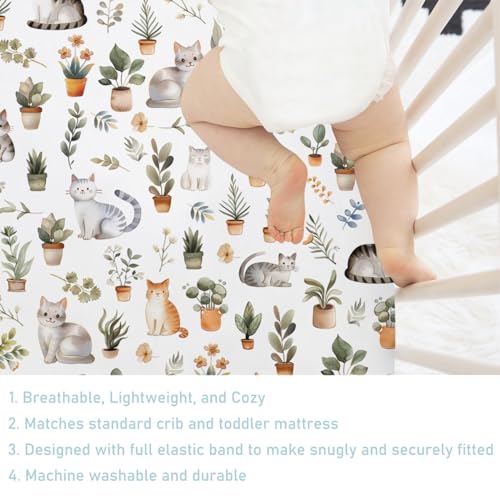 Image of Watercolor Cats Boho Leaves Flowers Baby Crib Sheets 52''x28'' Cute Cats Tropical Plants Stretchy Fitted Crib Mattress Cover for Boy Girl Soft Nursery Bed Sheets for Standard Crib and Toddler Mattress