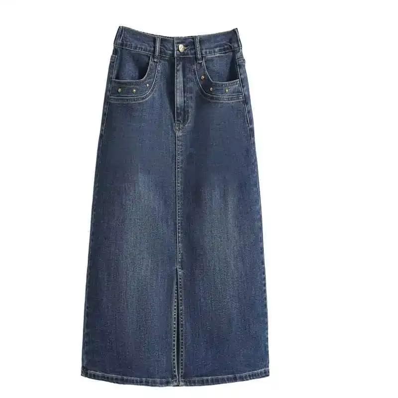 OFFSUM Falda Vaquera Elástica para Mujer - Falda Vaquera Recta De Cintura Alta De Talla Grande Estilo Coreano Abertura Frontal Largo Medio Línea A De Talla Grande con Bolsillo