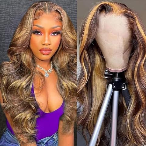 Omber Human Hair Lace Front Wigs 4/27 Colored Highlight Body Wave Lace Front Wigs Human Hair for Black Women 13x6 Body Wave Lace Frontal Wigs 180% Density (18 inch) Cover