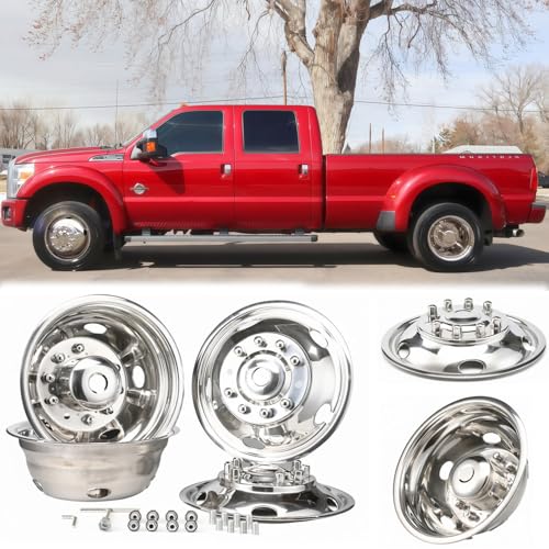 Image of 4X 19.5 Bolt On Wheel Simulators Compatible with Ford 2005-2025 F450 F550, 10 Lug 5 Hand Hole Design Front Rear Dually Hub Caps Skins Liners Rim Covers Stainless Steel Polished with Tool Kits