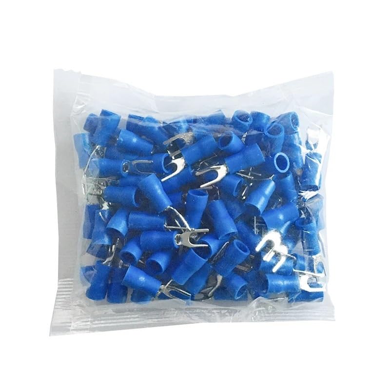 50/100Pcs SV1.25/2/3.5/5.5 Insulated Brass Fork Spade Wire Connectors U Type Electrical Crimp Terminal for 22-10AWG 0.5-6mm(Blue,50PCS,SV1.25-6)